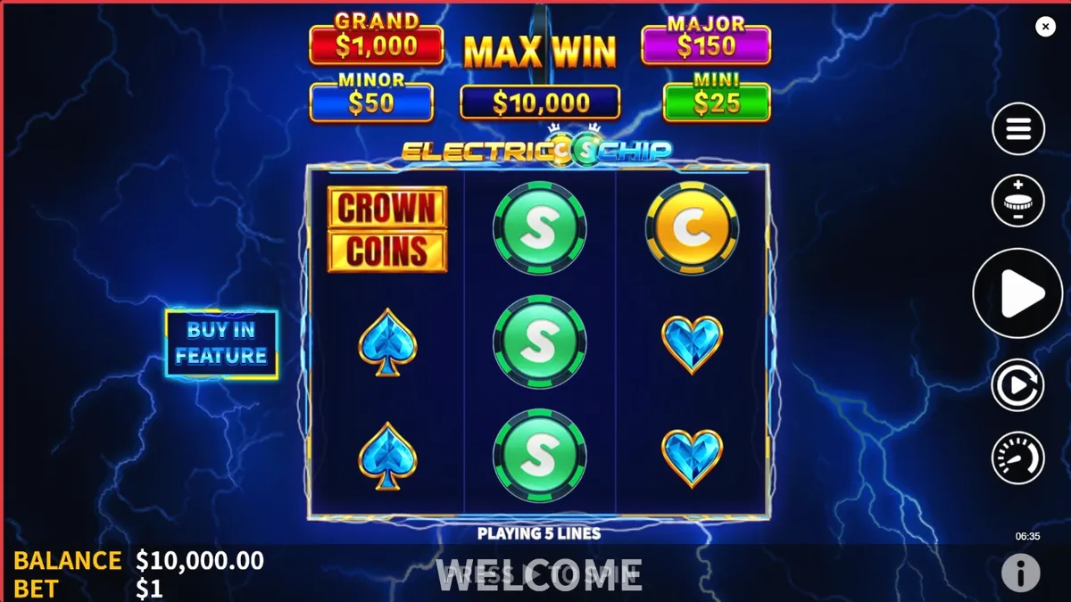Electric Chip slot machine interface na may neon lightning theme
